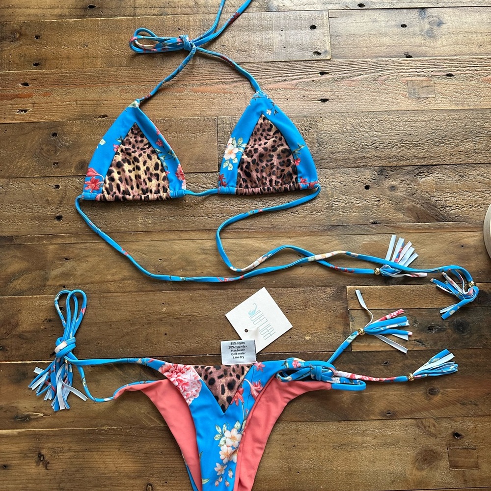Blue and Pink Leopard Print Bikini Set